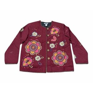 Vtg Indigo Moon Womens Jacket Embroidered Artsy Floral Eclectic Boho‎ L Maroon
